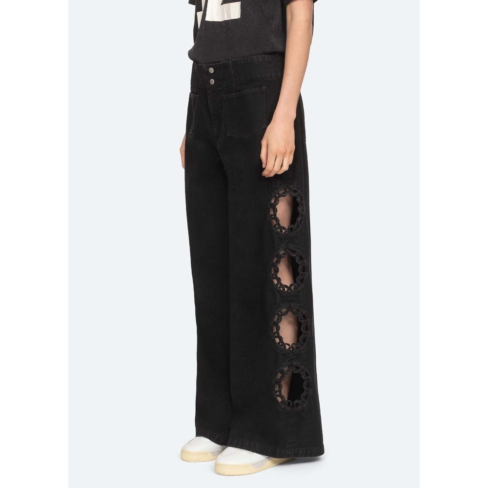 Paloma Vintage x Sea NY Jeans Womens 4 Black Wide‎ Leg Denim Cut Out High Rise